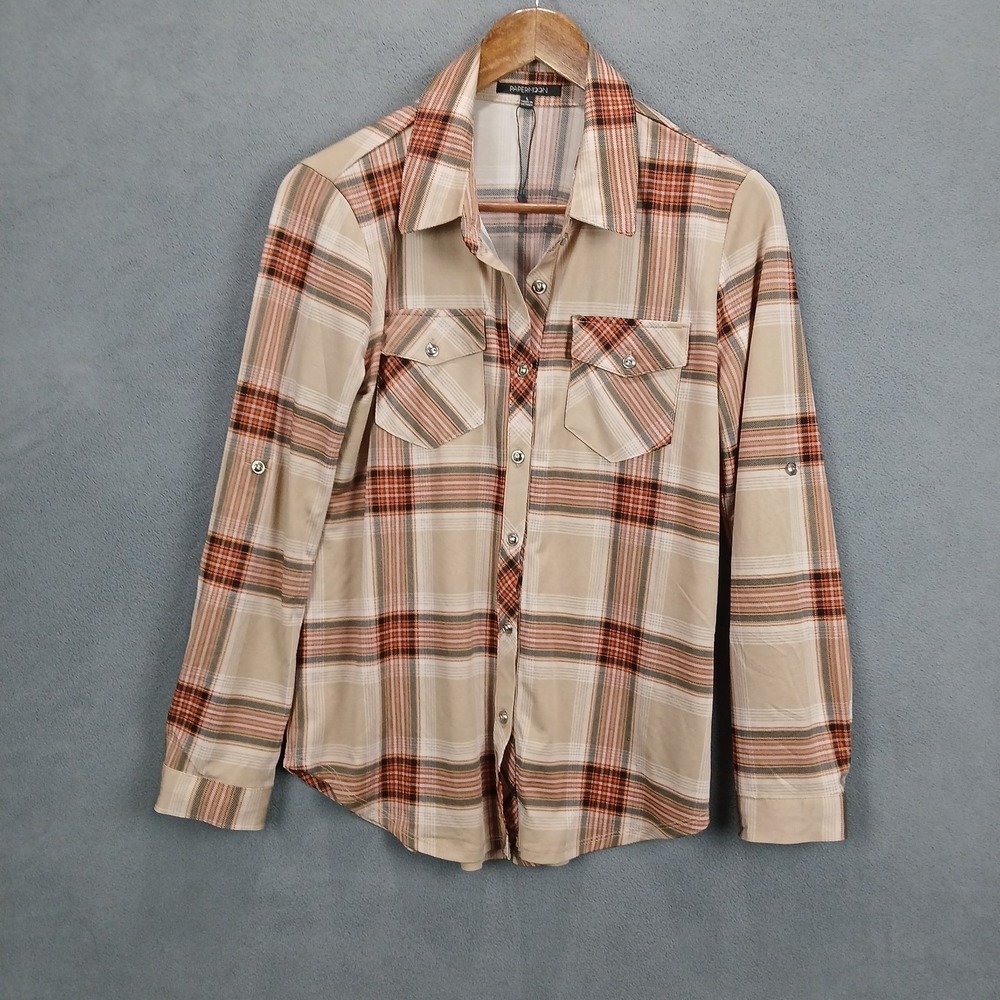 Papermoon Shirt Women Large Multicolor Plaid Stretch Flannel Round Hem Button Up